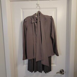 Vintage Tricoville Satin Blouse and Scarf, and Knit Skirt Set - Purple-Grey